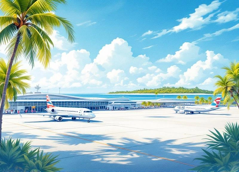 Vue de l'aéroport international Vilo Acuña avec avions et terminal moderne à Cayo Largo del Sur