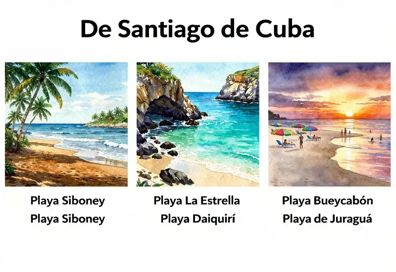 Photo comparative montrant les cinq plages principales de Santiago de Cuba avec leurs caractéristiques distinctives et distances depuis le centre-ville