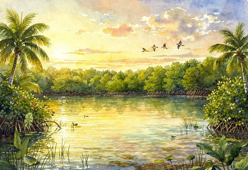 Photo panoramique du vaste marais de la Ciénaga de Zapata à Cuba montrant les eaux cristallines, la végétation tropicale et les mangroves s'étendant à l'horizon