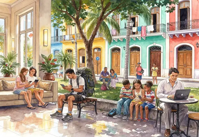 Photo montrant différents types de voyageurs utilisant internet à Cuba selon leur profil