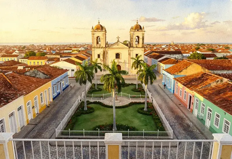 Photo panoramique prise depuis une terrasse montrant la Plaza Mayor de Trinidad avec ses jardins, l'église coloniale et les toits de tuiles rouges des maisons colorées