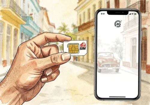 Main tenant une carte SIM cubaine avec un smartphone affichant la couverture réseau mobile